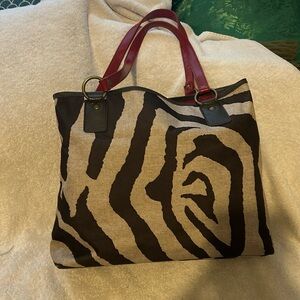Zebra animal print purse with red leather straps tote bag